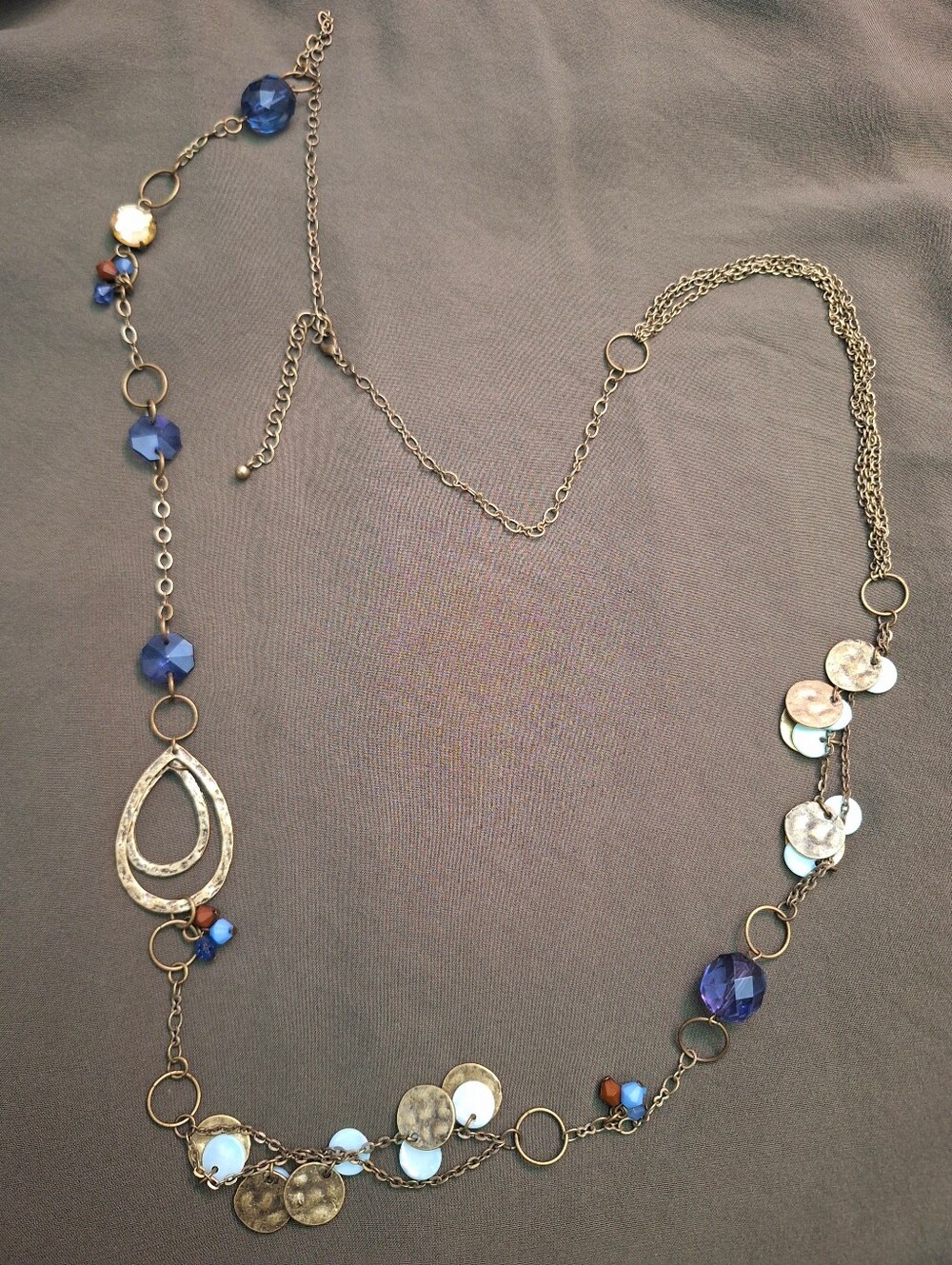 Long Layered Teardrop Necklace, Bronze  with Blue Beads